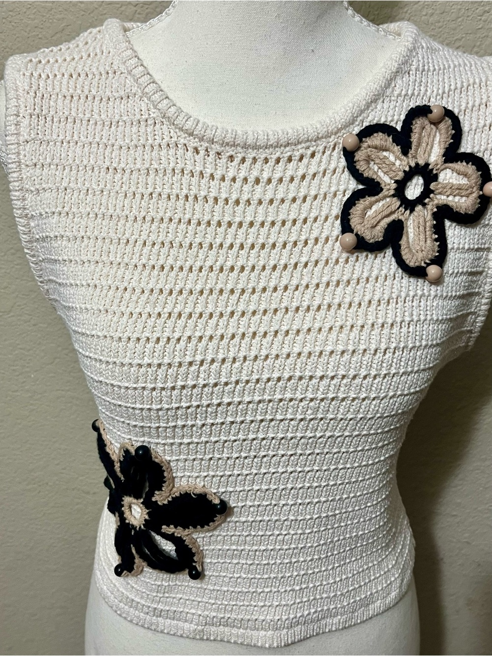 Women’s Cream Crochet Tank Top with Black & Beige Floral Appliqués